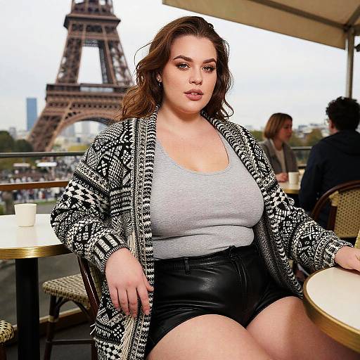 Plus-Size Woman at Paris Cafe with Eiffel Tower View
