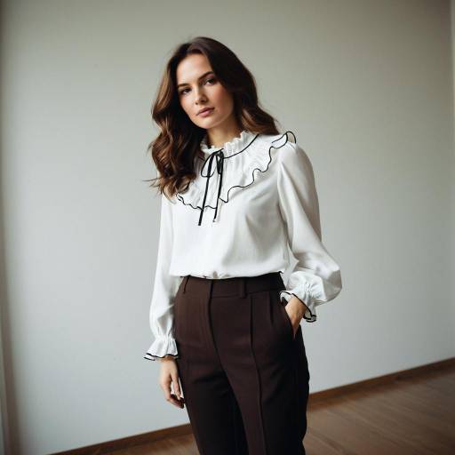 Elegant Woman in Classic White Ruffle Blouse