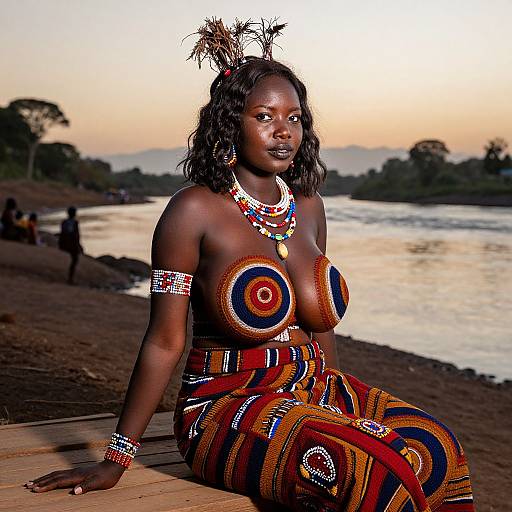 Photograph of a topless African woman with dark skin, wearing colorful beaded accessories and traditional patterns, seated on a riverside beach at sunset.