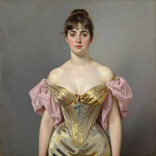Victorian-era portrait of a pale-skinned woman with dark hair, wearing a gold corset with pink, puffed sleeves, and a gray background