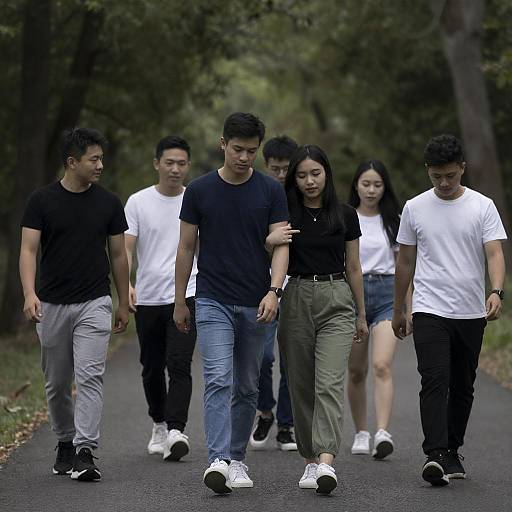 Six Friends Walking Through Forest Path