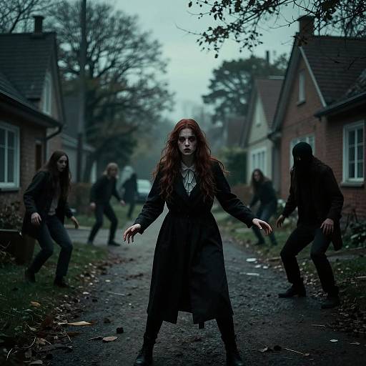 Photograph: Red-haired woman in dark, Victorian-style dress stands center of foggy, leaf-strewn suburban street, flanked by shadowy