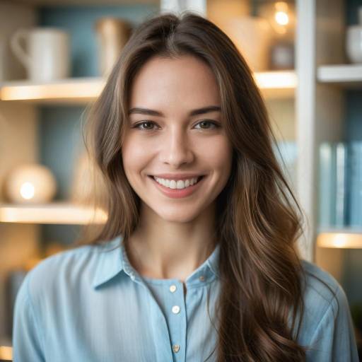 Smiling Young Woman in Light Blue Blouse