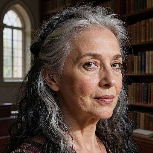 Photograph of a mature woman with gray, wavy hair in a braid, wearing a dark top, standing in a library with bookshelves