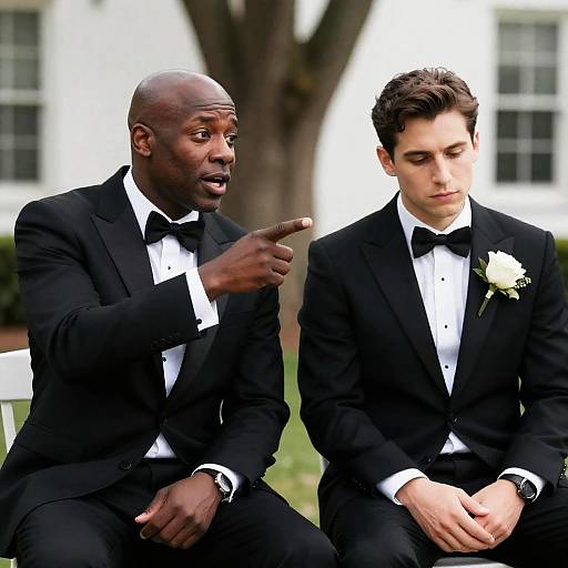 Two men in tuxedos seated outdoors