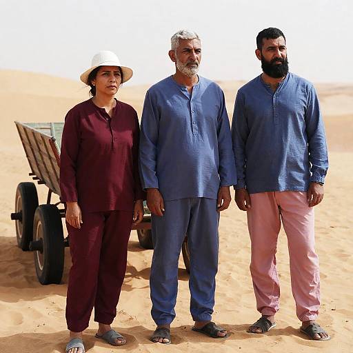 Three People Standing in Desert with Wagon