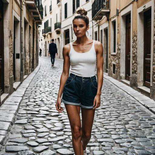 Mediterranean Woman in White Tank Top on Cobblestone Street