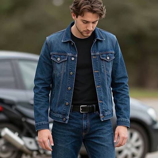 Realistic Male in Dark Blue Denim Outfit