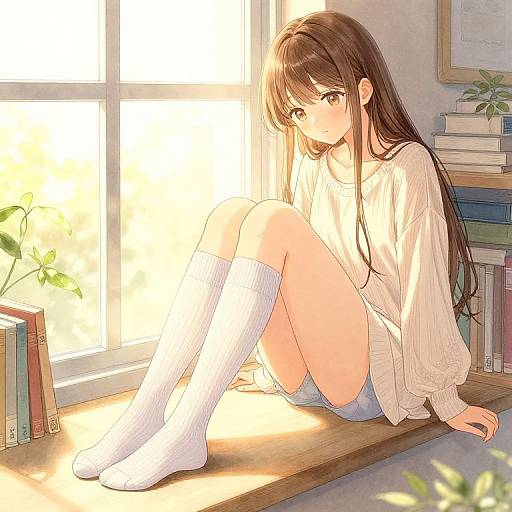 Anime Girl by Window in Socks
