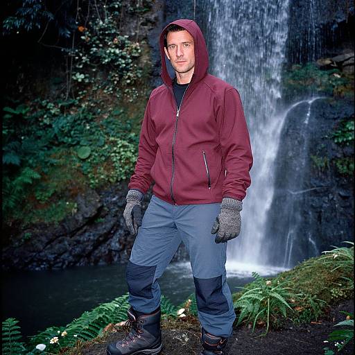 Photograph of a serious-looking man in a red hooded jacket, gray gloves, and blue pants, standing before a cascading waterfall in a lush