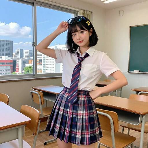 Photograph of an Asian female student in a white shirt, striped tie, and plaid skirt, standing in a bright classroom with cityscape view,
