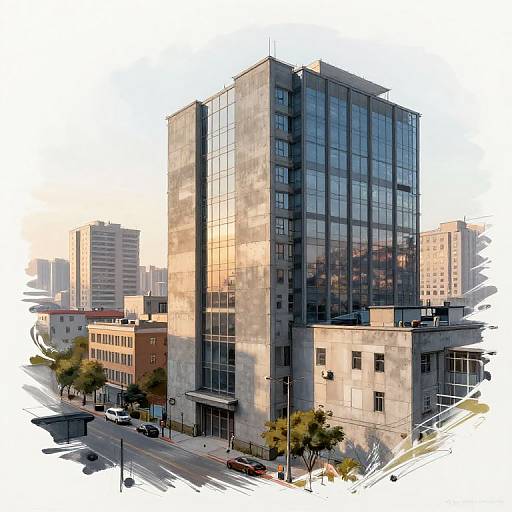 Digital illustration of a modern glass skyscraper with reflective windows, surrounded by smaller buildings and trees on a city street.