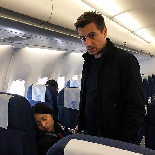 Intense Man Beside Sleeping Woman in Plane