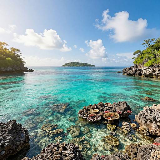 Photograph of a vibrant, crystal-clear tropical ocean with turquoise waters, rocky coral reefs in the foreground, and a small island under a bright blue sky