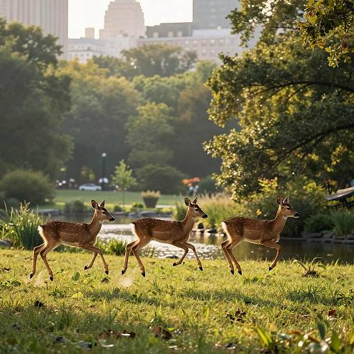 Photograph of two deer with light brown coats and white spots walking through a sunlit, grassy park with a pond and cityscape in the background