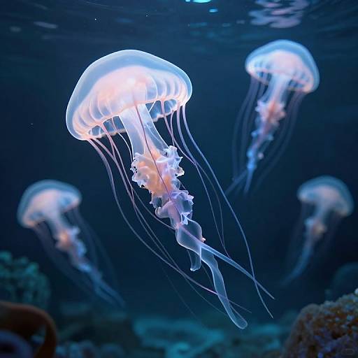 Photograph of glowing blue and white jellyfish with translucent, flowing tentacles, floating in a dark, underwater ocean scene.