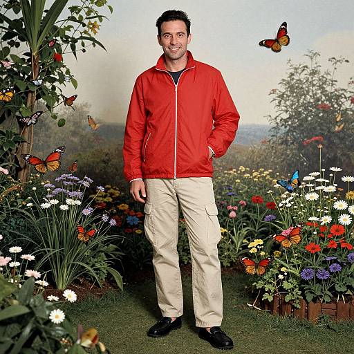 Photograph of a smiling man in a red jacket and beige pants, standing in a vibrant, butterfly-filled garden with colorful flowers.