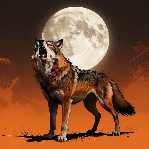 Digital artwork of a howling wolf with detailed fur, standing against a large, bright full moon in a fiery orange desert night.