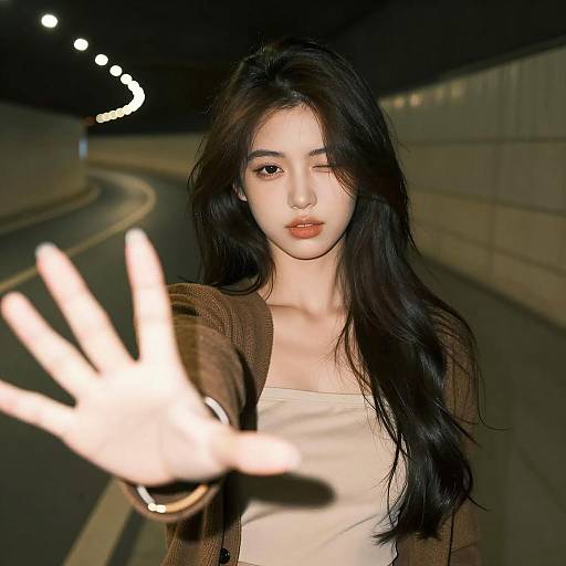 Young Woman Extending Hand on Curved Pathway at Night