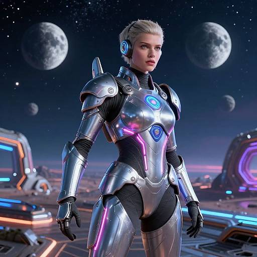 CGI image of a blonde woman in futuristic silver armor with neon blue and pink accents, standing on a space station with planets in the starry sky