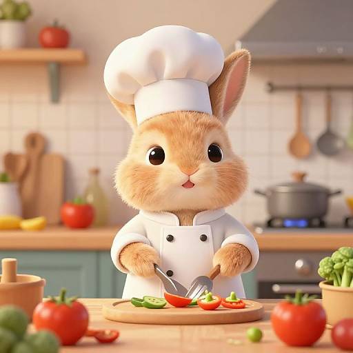 Cute CGI bunny in white chef hat and coat, slicing red tomatoes on a wooden board in a cozy kitchen.