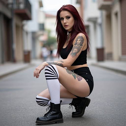Photograph of a tattooed, red-haired woman in black crop top, shorts, white knee-high socks, and black boots, squatting on an