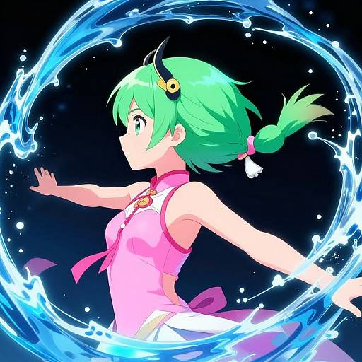 Anime-style digital artwork of a green-haired girl in a pink outfit, surrounded by a glowing blue water circle against a black background.