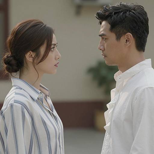 Serious young man and woman facing each other