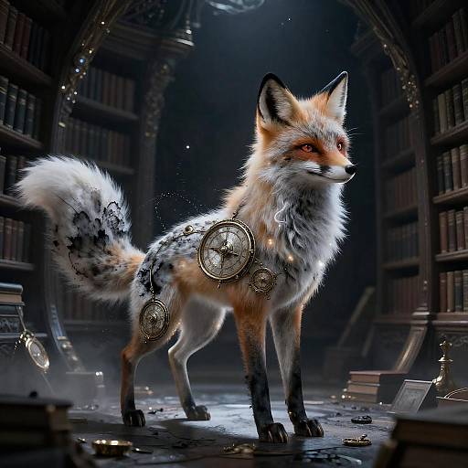 Celestial Fox with Clockwork Motifs in Abyssal Library