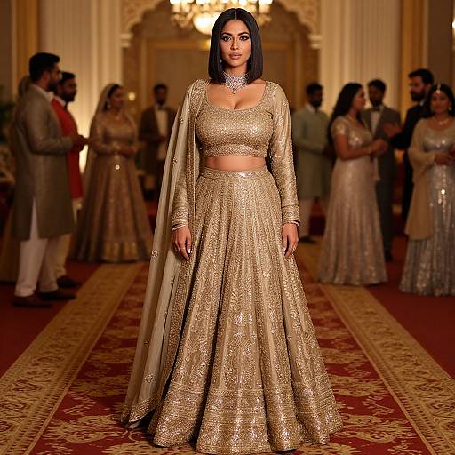 Photograph of a confident South Asian woman with dark hair, wearing an ornate gold traditional outfit, standing on a red carpet in a grand, warmly