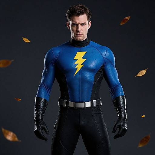 Photograph of a muscular man in a blue and black superhero suit with a yellow lightning bolt, black gloves, and belt, standing against a dark background