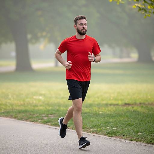 Photograph of a bearded man with short brown hair, wearing a red t-shirt, black shorts, and black sneakers, running on a park path