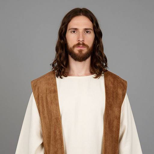 Photograph of a Caucasian man with long brown hair, beard, and serious expression, wearing a white robe with a brown sleeveless vest, against a