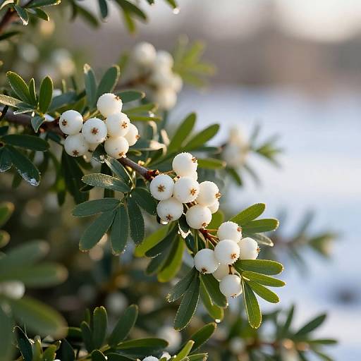 Close-up photograph of a branch with white, round berries and green, oval leaves, set against a softly blurred, sunlit background.