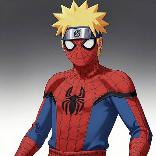 Digital artwork of Naruto Uzumaki in a Spider-Man costume, featuring red spider web suit, blue accents, and spider emblem, with blonde spiky
