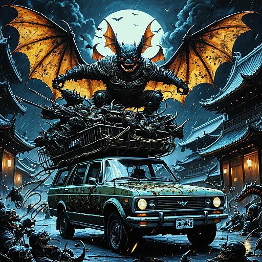 Bat-winged Demon on Vintage Car in Dark Asian Alley