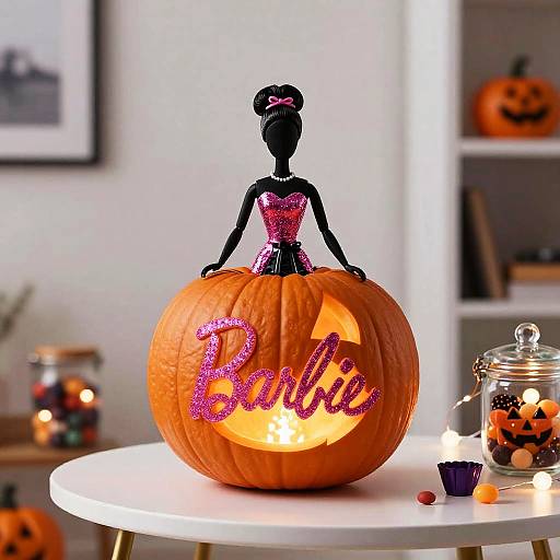 Photograph of a black doll in a pink sequin dress on top of an orange pumpkin with 