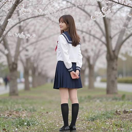 Cheerful Asian Girl in Blooming Nature