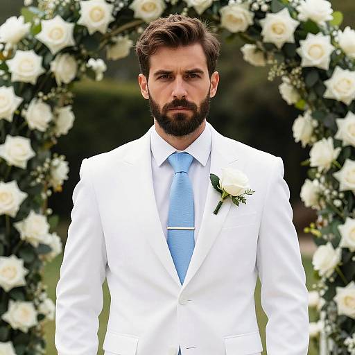 Photograph of a bearded man in a white suit with a light blue tie, standing in front of a floral arch.