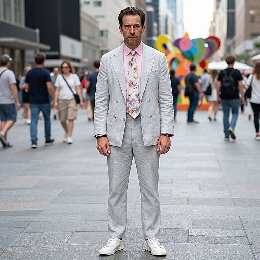 Photograph of a handsome man with short brown hair, wearing a light gray suit, pink floral tie, and white shoes, standing confidently in a busy