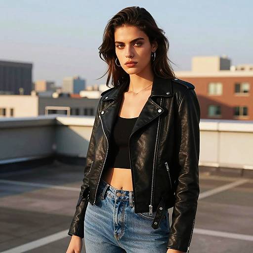 Young Woman in Black Leather Jacket on Rooftop