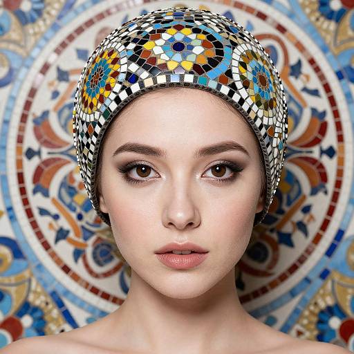 Photograph of a fair-skinned woman with dark eyes, wearing a mosaic-patterned headscarf, against a colorful, circular mosaic background.