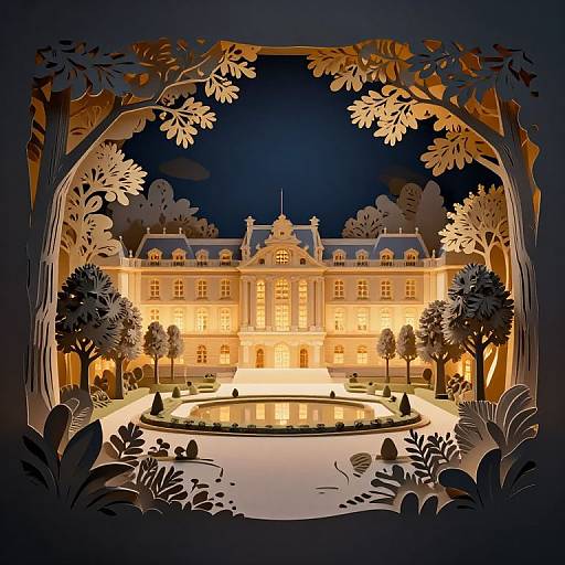 Digital illustration of a lit, elegant chateau at night, framed by silhouetted trees and foliage, centered around a glowing circular fountain.