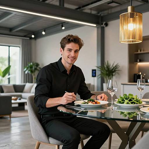 Photograph of a handsome, dark-haired man in a black shirt dining in a modern, industrial-style room with glass table, wine glasses, and green