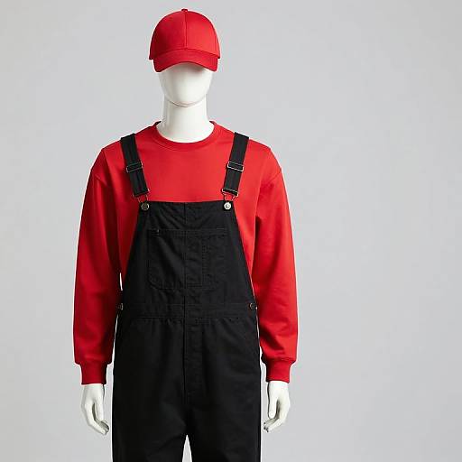 Photograph of a white mannequin wearing a red baseball cap, red sweater, and black overalls, set against a plain white background.