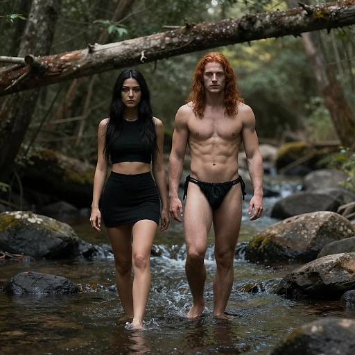 Forest Stream: Red-Haired Warrior and Companion