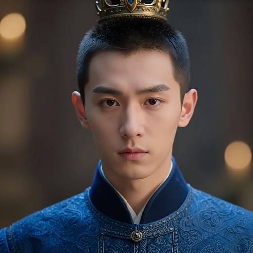 Photograph of an Asian man with short black hair, wearing a golden crown and intricate blue embroidered robe, staring seriously. Blurred warm background.