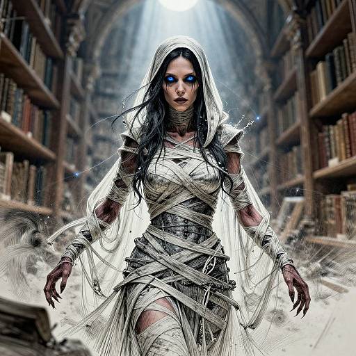 Digital art of a blue-eyed, dark-haired woman in a white, bandaged, hooded dress, walking through a sunlit, ancient library.