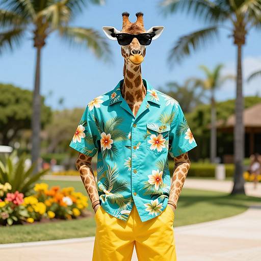 Digital artwork of a giraffe wearing black sunglasses, turquoise floral shirt, and yellow pants, standing in a sunny, palm-tree-lined garden.