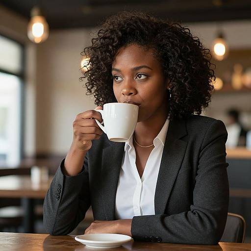 Photograph of a Black woman with curly hair, wearing a black blazer and white shirt, sipping from a white mug in a warmly lit café